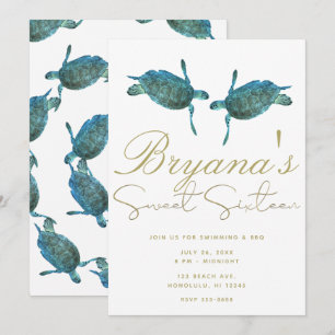 Invitation Tortues de mer bleu sarcelle Plage Or Fête Douce 1