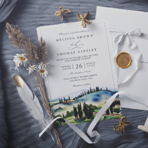 Invitation Toscane Italie Paysage Aquarelle Code QR Mariage