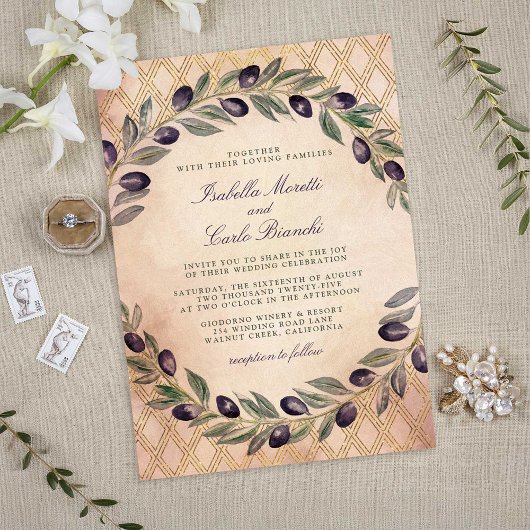 Invitation Toscane treillis d'or et Branches d'olive Mariage