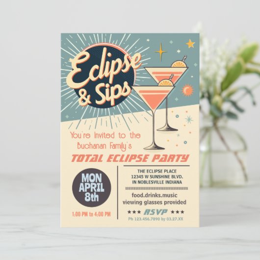 Invitation Total Solaire Eclipse & Sips 2024 Retro Watch Part (Debout devant)