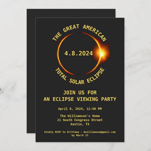 Invitation Total Solar Eclipse Viewing Party 4/8/2024 USA (Devant / Derrière)