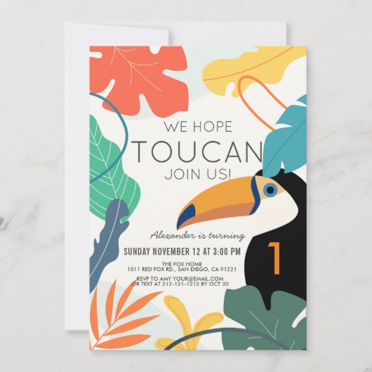 Invitation Toucan Feuille tropicale moderne 1er anniversaire (Devant)