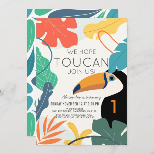 Invitation Toucan Feuille tropicale moderne 1er anniversaire (Devant / Derrière)