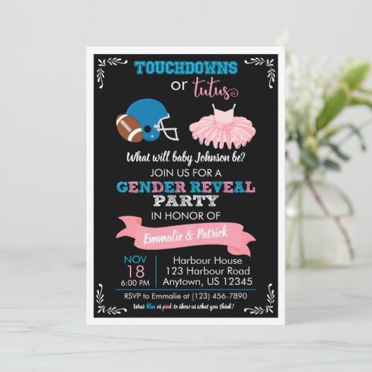 Invitation TOUCHDOWNS OU TUTUS Baby shower de révélation de g (Debout devant)