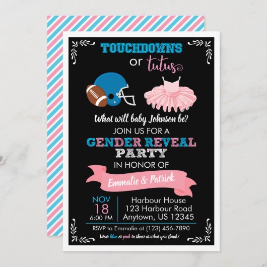 Invitation TOUCHDOWNS OU TUTUS Baby shower de révélation de g (Devant / Derrière)