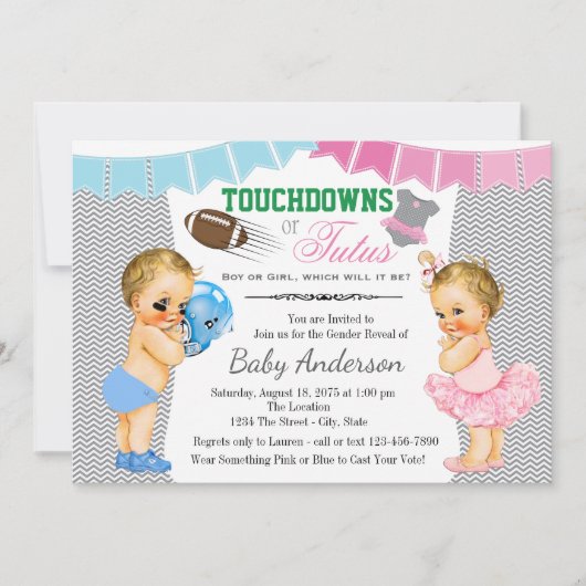 Invitation Touchdowns ou Tutus Baby shower de révélation de g (Devant)
