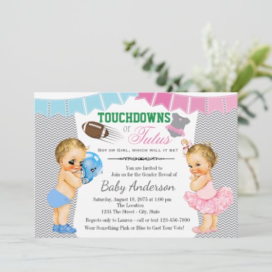 Invitation Touchdowns ou Tutus Baby shower de révélation de g (Debout devant)