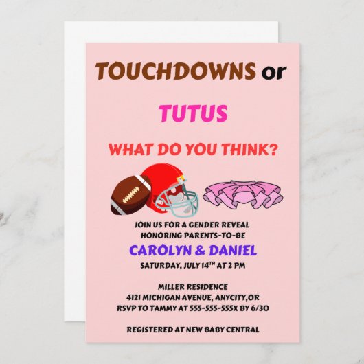Invitation Touchdowns ou Tutus genre révéler la fête (Devant / Derrière)