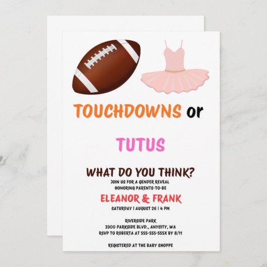 Invitation Touchdowns ou Tutus genre révéler la fête (Devant / Derrière)
