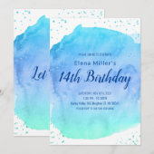 Invitation Touche d'aquarelle bleu rose éclat doré  (Devant / Derrière)