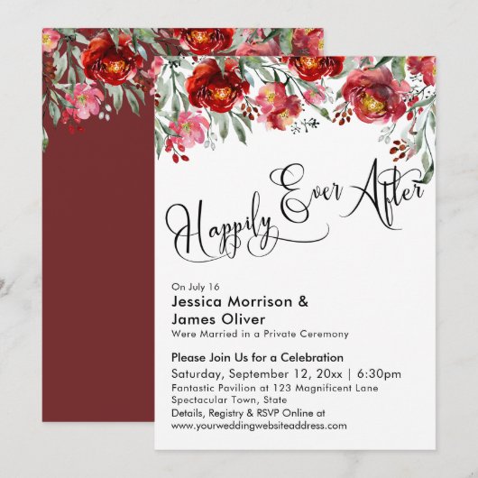 Invitation Toujours Heureux Typographie Fleurs Rouge Bourgogn (Devant / Derrière)