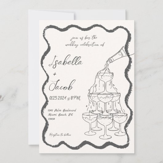 Invitation Tour Champagne Rétro Mariage à main levée (Devant)