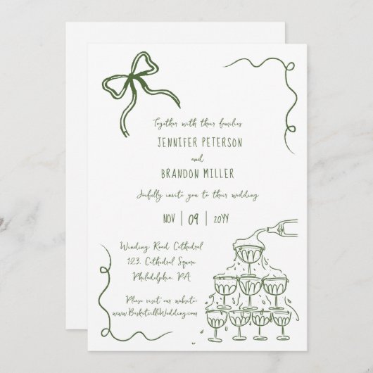 Invitation Tour de champagne Bow vert mariage décalé (Devant / Derrière)