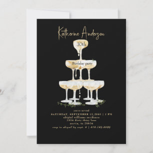 Invitation Tour de champagne Fête d'anniversaire noir 30 ans
