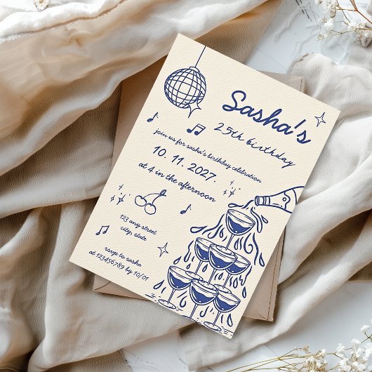 Invitation Tour de Champagne illustrée à la main Bleu d'anniv