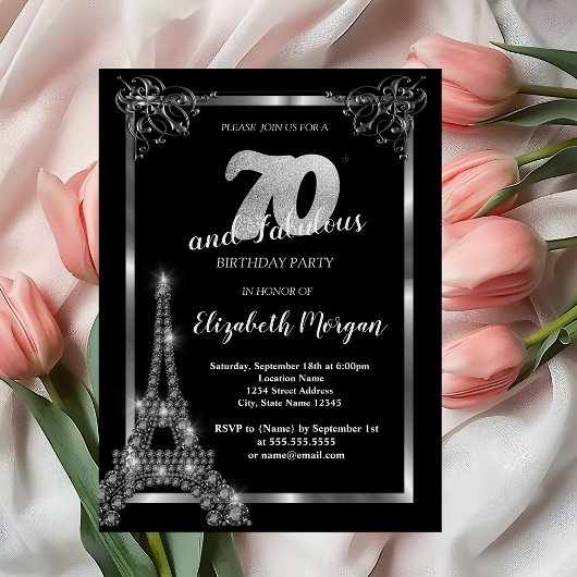 Invitation Tour Eiffel Argent, Bordure Noir 70e Anniversaire