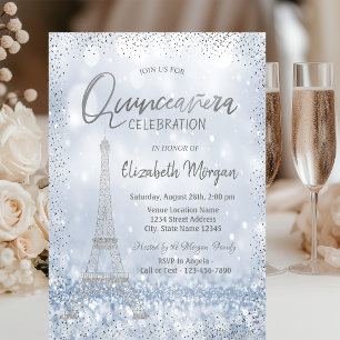 Invitation Tour Eiffel Argent Confetti Bokeh Quinceañera