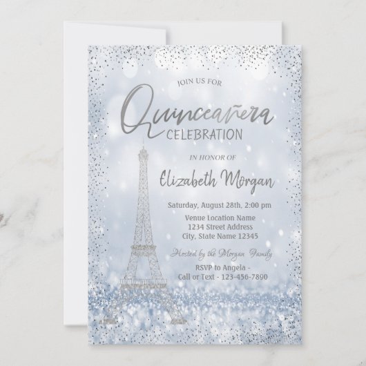 Invitation Tour Eiffel Argent Confetti Bokeh Quinceañera (Devant)