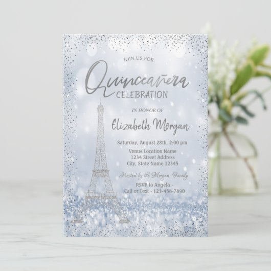 Invitation Tour Eiffel Argent Confetti Bokeh Quinceañera (Debout devant)