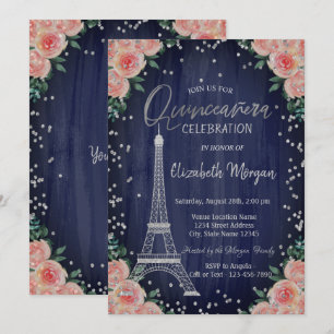 Invitation Tour Eiffel Argent Diamants Fleurs Quinceañera