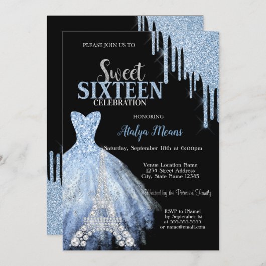 Invitation Tour Eiffel Argent Parties scintillant bleue Drive (Devant / Derrière)