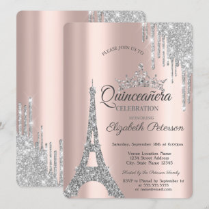 Invitation Tour Eiffel argenté de Paris, gouttes de Quinceañe