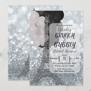 Invitation Tour Eiffel Ballons Blanc Noir Pailleté Argent