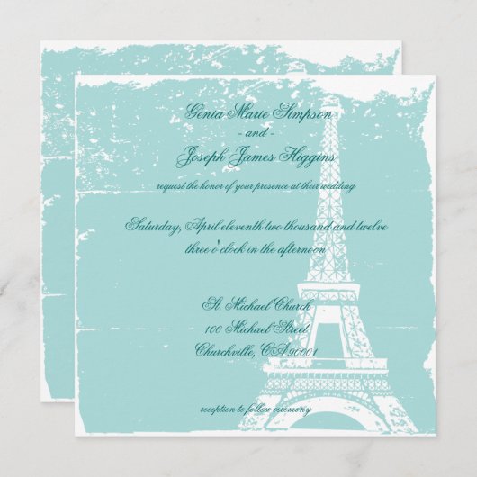 Invitation Tour Eiffel bleu épousant Inviations (Devant / Derrière)