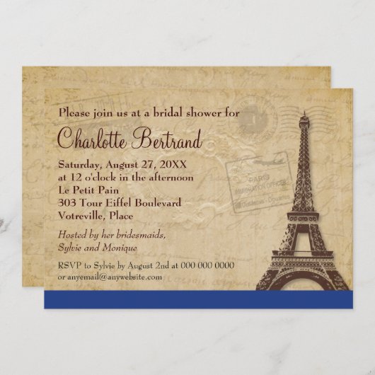 Invitation Tour Eiffel Bleu Fête des mariées parisienne (Devant / Derrière)