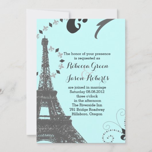 Invitation tour eiffel bleu moderne mariage vintage paris (Devant)