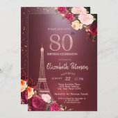 Invitation Tour Eiffel Bourgogne Fleurs Roses 80e anniversair (Devant / Derrière)