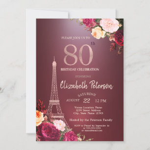 Invitation Tour Eiffel Bourgogne Fleurs Roses 80e anniversair