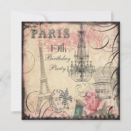 Invitation Tour Eiffel chic et lustre 19e anniversaire (Devant)
