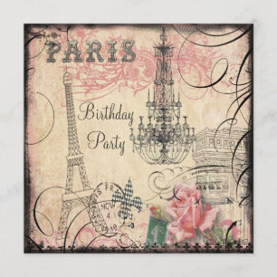Invitation Tour Eiffel chic et lustre tout anniversaire d'âge