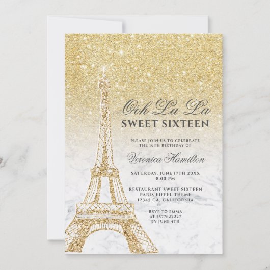 Invitation Tour Eiffel chic or parties scintillant marbre Swe (Devant)