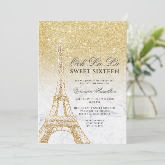 Invitation Tour Eiffel chic or parties scintillant marbre Swe (Debout devant)