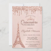 Invitation Tour Eiffel Chic, Rose Roulettes d'or Quinceañera (Devant)