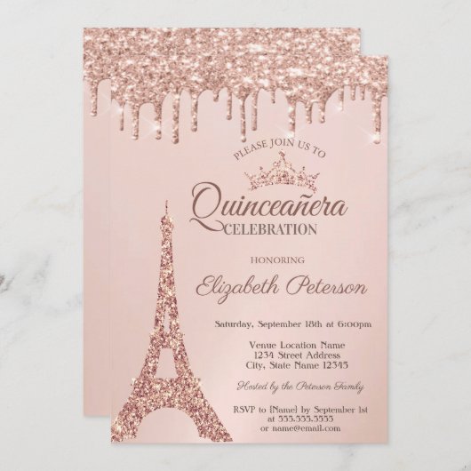 Invitation Tour Eiffel Chic, Rose Roulettes d'or Quinceañera (Devant / Derrière)