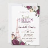 Invitation Tour Eiffel Confetti Bourgogne Fleurs Douce 16 (Devant)