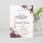 Invitation Tour Eiffel Confetti Bourgogne Fleurs Douce 16 (Debout devant)