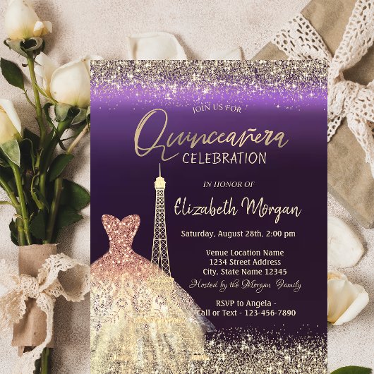 Invitation Tour Eiffel Confetti Robe Quinceanera violet