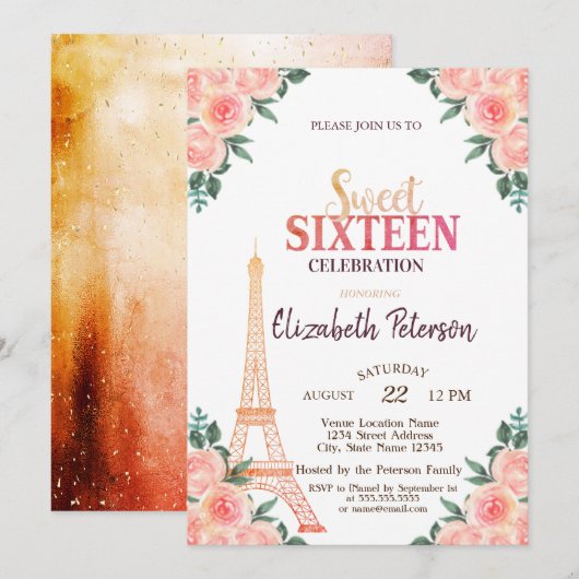 Invitation Tour Eiffel Confettis ++++9-Fleurs Sweet 16 (Devant / Derrière)