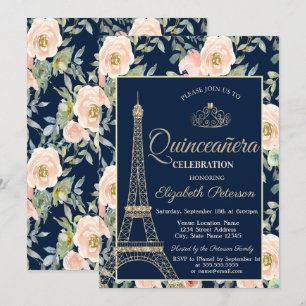Invitation Tour Eiffel,Couronne de fleurs,Roses Quinceañera B