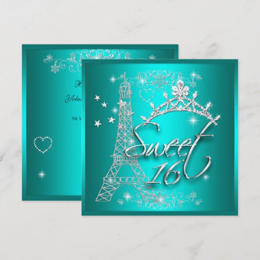 Invitation Tour Eiffel Couronne Turquoise Sweet 16 Seize Ans (Devant / Derrière)