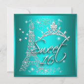 Invitation Tour Eiffel Couronne Turquoise Sweet 16 Seize Ans (Devant)