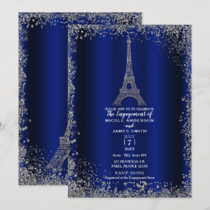 Invitation Tour Eiffel de Fiançailles Pailletée Argent Bleu R