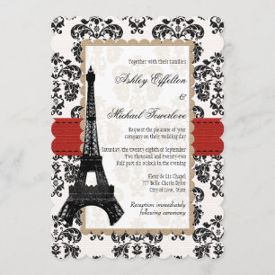 Invitation Tour Eiffel de mariage en damas rouge et noir