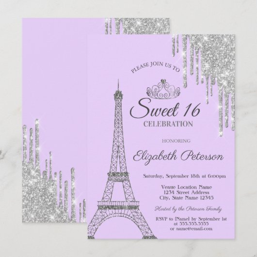 Invitation Tour Eiffel de Paris, Gouttes, Douce seize ans Vio (Devant / Derrière)