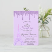Invitation Tour Eiffel de Paris, gouttes violettes Sweet 16 (Debout devant)