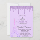 Invitation Tour Eiffel de Paris, gouttes violettes Sweet 16 (Devant)